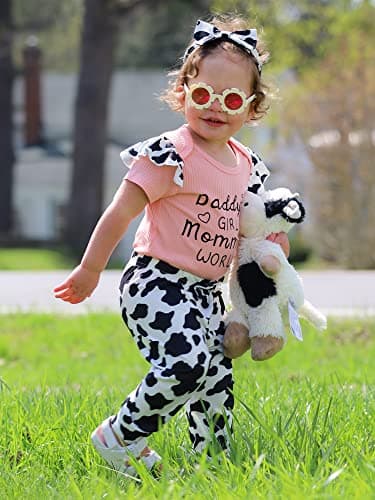 AMAWMW Newborn Baby Girl Clothes Outfit Short Sleeve Romper Cow Prints Pants Headband Gift Essential Stuff 12 18 Months - Image 2