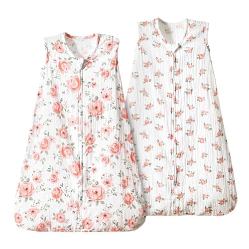 PHF 100% Muslin Cotton Baby Sleep Sacks, 12-18 Months Sleep Sack with 2-Way Zipper, 2 Pack Cooling 0.5 TOG Breathable Large Size Sleeveless Baby Wearable Blanket for Baby Girl, Floral - Image 1
