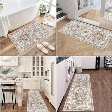 Pauwer Kitchen Rugs Sets of 3 Non Slip Washable Kitchen Mats for Floor Farmhouse Kitchen Floor Mat Runner Rug Boho Kitchen Sink Rug Carpet for Kitchen Hallway Laundry Room, Vintage Cream Tan - Image 7