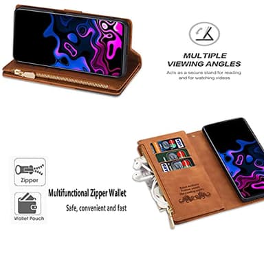 UEEBAI Wallet Case for Samsung Galaxy S22 Ultra 5G, Vintage Premium PU Leather Cover Flip Case with Card Slots Magnetic Closure Zipper Pocket Kickstand Handbag with Hand Strap - Brown - Image 4