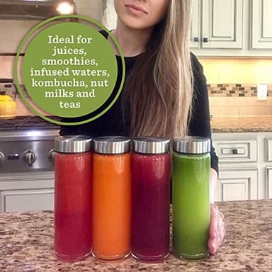 Juice Bottles - 4 Pack Wide Mouth Glass Bottles with Lids - for Juicing, Smoothies, Infused Water, Beverage Storage - 16oz, BPA Free, Stainless Steel Lids, Leakproof, Reusable, Borosilicate - Image 3