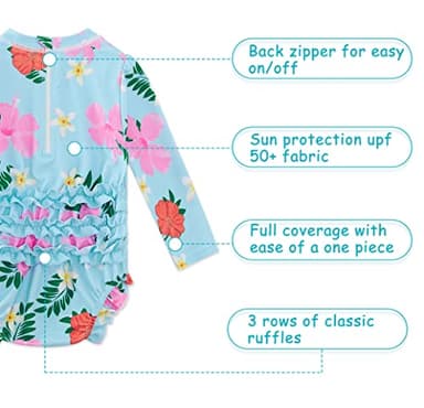 ADUKIDE Swimsuit for Baby Girls 12-18 Months Long Sleeve Rash Guard Bathing Suit One Piece Infant Girl Ruffles Sunsuit with Back Zip Hawaiian - Image 4