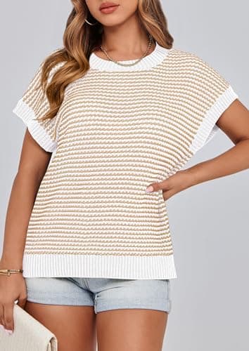 PRETTYGARDEN Womens Short Sleeve Sweater Spring Summer 2025 Round Neck Striped Pullover Cap Sleeve Knit Sweater Vest Tops(Apricot,Medium) - Image 7
