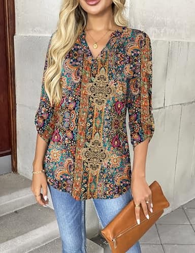 Zeagoo Womens Tops Long Sleeve V Neck T Shirts 2025 Boho Floral Tunics Business Work Blouses - Image 3