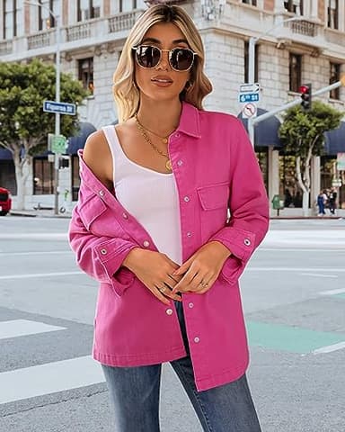 luvamia 2025 Spring Jean Jackets for Women Fashion Oversized Button Down Denim Jacket Western Shacket with Pockets Hot Pink Size Large US Size 12 14 - Image 6