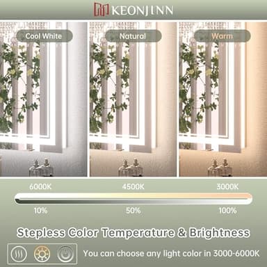 Keonjinn LED Bathroom Mirror 30 x 36 Inch with Front and Back Light, Stepless 3 Colors Temperature & Dimmable Backlit Mirror, UL Listed LED Driver, Double Lights Tempered Glass LED Wall Vanity Mirror - Image 3