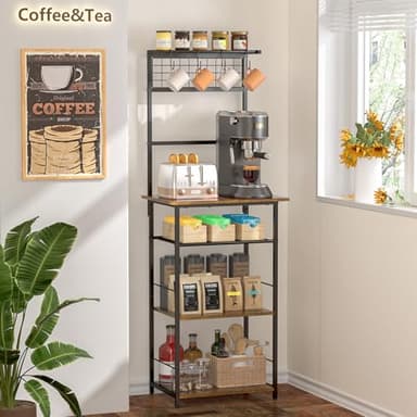 5 Tier Coffee Bar Station, Kitchen Stand with 4 S-Shaped Hooks, Farmhouse Corner Coffee Bar Cabinet for Small Spaces, Bakers Rack for Kitchen, Entryway, Living Room, 13.43" D x 18.93" W x 53.31" H - Image 4