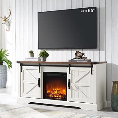 OKD Farmhouse Electric TV Stand for 65+ Inch TV, Rustic Entertainment Center with 18" Fireplace, Sliding Barn Door, Storage Shelves, Wood Media Console Cabinet for Living Room, Antique White - Image 1