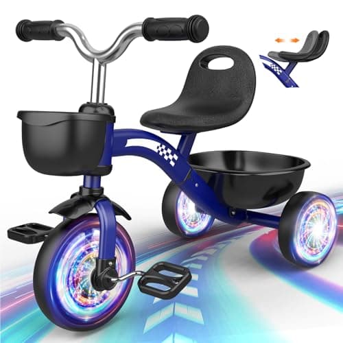 Toddler Tricycle for1-3 3-5 Year Olds, Toddler Toys Baby Bike with 3 Colorful Lighting Wheels, Toys for Ages 2-4, 3-Level Adjustable Seat, 2 3 4 5 Year Old Girl Boy Birthday Gifts Blue - Image 1