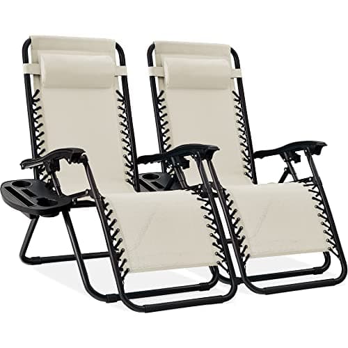 Best Choice Products Set of 2 Adjustable Steel Mesh Zero Gravity Lounge Chair Recliners w/Pillows and Cup Holder Trays - Ivory - Image 1