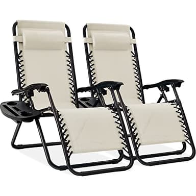 Best Choice Products Set of 2 Adjustable Steel Mesh Zero Gravity Lounge Chair Recliners w/Pillows and Cup Holder Trays - Ivory - Image 1
