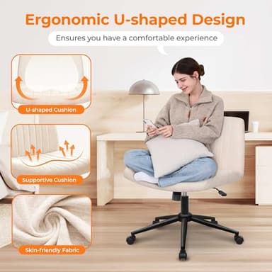 NEO CHAIR Criss Cross Chair with Wheels & Pads Home Office Cross Legged Chairs Ergonomic Computer Desk Task Wide Seat for Bedroom Vanity Comfy Swivel (Beige) - Image 4