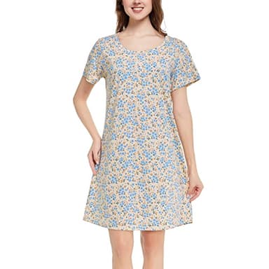 Tugege Women's Nightgown Short Sleeve Sleepshirts House Dress Sleepwear Casual Print Pajama (BG-Blue Floral, X-Large) - Image 1