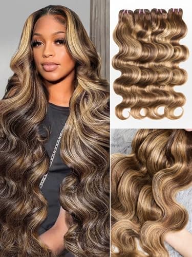 Brown Highlight Body Wave Bundles Human Hair 22 24 26 28 inch 4 Bundles Ombre Blonde Bundles Human Hair Extensions Natural Brazilian Virgin Unprocessed Human Hair - Image 1