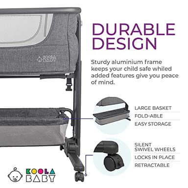 KoolerThings Baby Bassinet, Bedside Sleeper for Baby, Easy Folding Portable Crib with Storage Basket for Newborn, Bedside Bassinet, Comfy Mattress/Travel Bag Included (Bassinet) (Grey) - Image 5