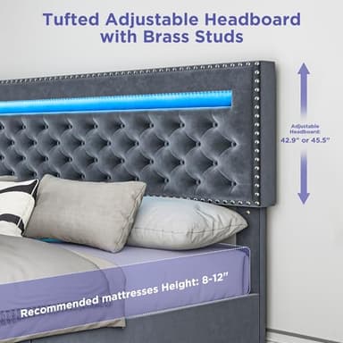 BedsPick Queen Size Bed Frame with LED Lights, Velvet Upholstered Platform Queen Bed Frame with 2 Storage Drawers and Adjustable Headboard, No Box Spring Needed Queen Bedframe, Noise Free, Light Grey - Image 6
