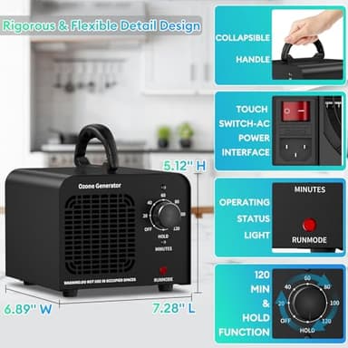 Ozone Generator 60000mg/h, Industrial/Home Ozone Machine, Odor Removal for Areas of 6,000 Square Feet, High Capacity Odor Eliminator for Car, Rooms, Smoke, Pets, O3 Air Purifier Deodorizes (Black) - Image 7