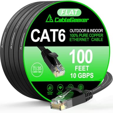 Cat 6 Ethernet Cable 100 ft, Indoor&Outdoor, High Speed 10Gbps Internet Network, Pure Copper Flat Ethernet Patch Cable Long, Computer LAN Cable with Clips & Straps for Router, Modem, PS4/5, Black - Image 1