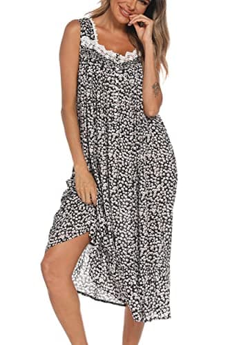 AVIIER Cotton Nightgowns for Women Sleeveless House Dress Ladies Long Nightdress with Pockets (Black Flower, Large)… - Image 1
