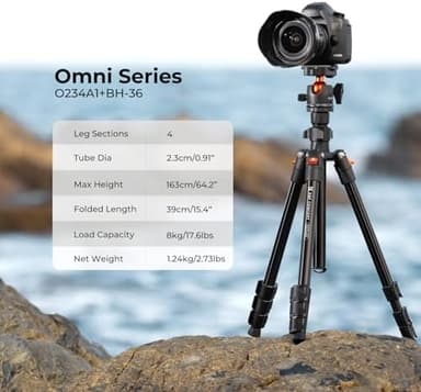 K&F CONCEPT 64 inch/163 cm Camera Tripod,Lightweight Travel Outdoor DSLR Tripods with 360 Degree Ball Head Load Capacity 17.6 lbs/8 kg,Cellphone Clip for Smartphone Live Streaming Vlog O234A1+BH-36 - Image 2