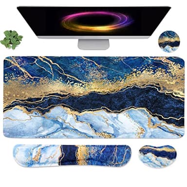 4-in-1 Large Gaming Mouse Pad, Keyboard Wrist Rest Pad & Wrist Support Mousepad Set, Extended Desk Pad Waterproof Desk Mat for Home Office Study Game - Blue Gold Marble - Image 1