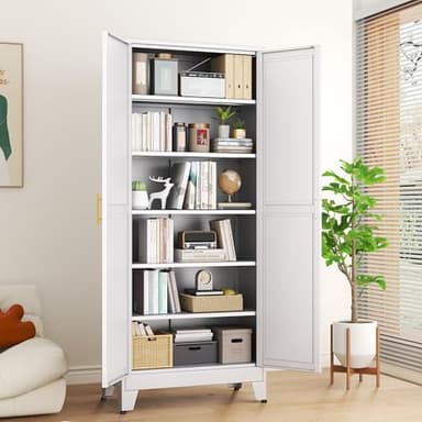RISTERN White Metal Storage Cabinet,75" Steel Cabinets for Home Office, Kitchen Pantry Storage Cabinet with Doors and 5 Adjustable Shelves, Tool Cabinets, for Office, Home, Garage, School - Image 2