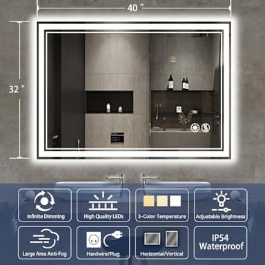 40“ x 32” Bathroom Mirror with Lights LED Mirror for Bathroom Anti-Fog Dimmable 3 Colors Memory Function Vanity Smart Mirror Home Decor Wall Mounted Horizontal/Vertical - Image 2