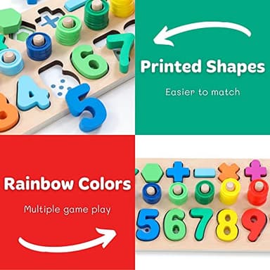 GeroCrew Wooden Montessori Toys for Kids Toddler Number Puzzles Sorter Counting Shape Stacker Stacking Game Preschool Toys for Boy Girl Learning Education Math Blocks Year Old Girl Gifts (Rainbow) - Image 3