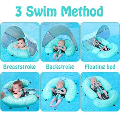 Mambobaby Float Baby Pool Float with Canopy & Tail Portable Baby Float Self-Inflating Compressible Folding Swimming Floating Bed Water Swim Float for Infant Toddler 3-24 Momths, Green - Image 3