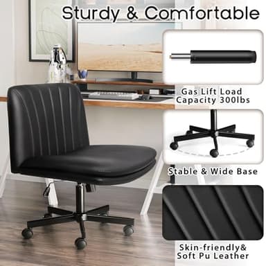 PUKAMI Criss Cross Chair with Wheels,PU Leather Armless Cross Legged Office Vanity Desk Chair for Home Office,Modern Swivel Height Adjustable Wide Seat(Black) - Image 6