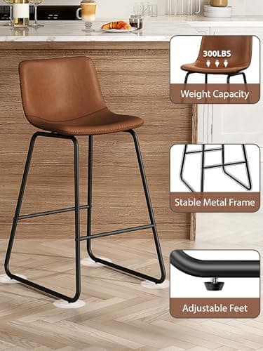 Aowos Bar Stools Set of 2, 26 Inches Counter Height Bar Stools with Back, Modern Faux Leather Barstools with Metal Legs and Footrest, Bar Chairs for Kitchens Island (Dark Brown) - Image 6