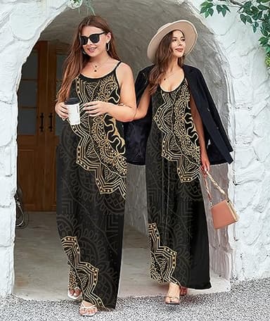 Wolddress Womens 2025 Casual Sleeveless Sundress Plus Size Loose Plain Long Summer Beach Maxi Dress with Pockets Mandala Black M - Image 2