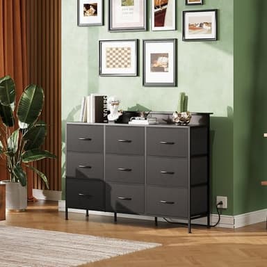 WLIVE Black TV Stand for 45, 50, 55 inch TV, Entertainment Center with LED Lights & Charging Station, TV Media Console Table with 9 Fabric Drawers and Open Shelves for Living Room, Hallway, Wood Top - Image 7