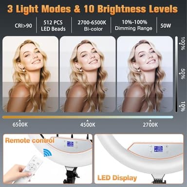 22'' Ring Light with 75'' Tripod Stand, LED Display/2 USB Ports/6500K Dimmable Ring Light for ipad Phone Holder for Tattoo Lash Live Makeup Video Recording TikTok Barber Stylist Photography - Image 4