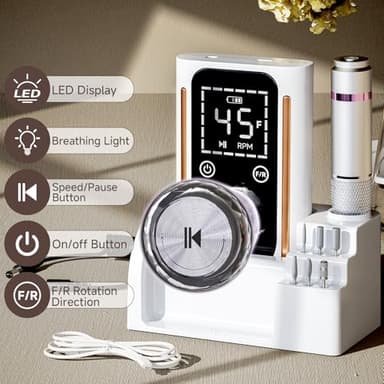 Nail Drill, Portable Electric Nail File 45000RPM, Rechargeable Nail Drill Professional with Bits & Base, for Acrylic Gel Nails, E-File Machine, Manicure Polishing, for Salon Home, White - Image 2