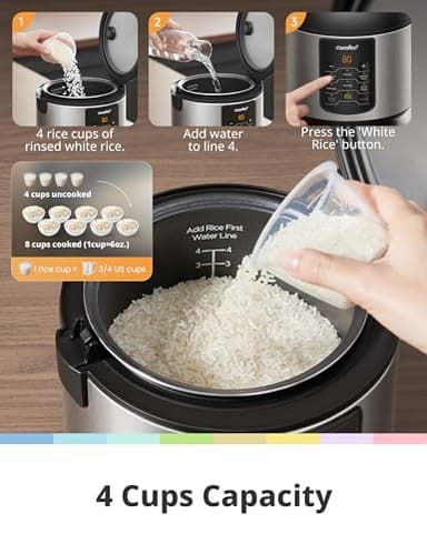 COMFEE' Compact Rice Cooker, 6-in-1 Stainless Steel Multi Cooker, Slow Cooker, Steamer, Saute, and Warmer, 2 QT, 8 Cups Cooked(4 Cups Uncooked), Brown Rice, Quinoa and Oatmeal, 6 One-Touch Programs - Image 4