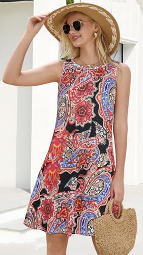 Summer Dresses for Women Beach Boho Sleeveless Vintage Floral Flowy Pocket Tshirt Tank Sundresses(Red Black Flower,3XL) - Image 5