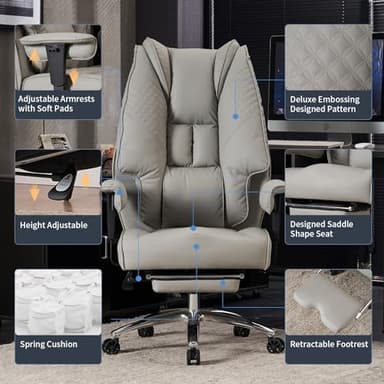 EXCEBET Big and Tall Office Chair 400lbs Wide Seat, Leather High Back Executive Office Chair with Foot Rest, Ergonomic Chairs Lumbar Support for Lower Back Pain Relief (Light Grey) - Image 3