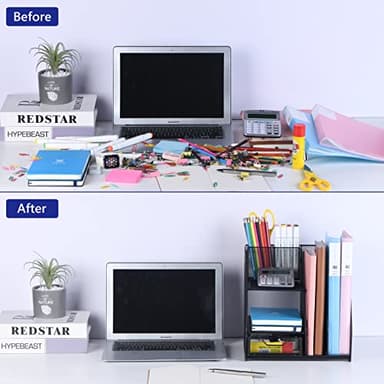 Desk Organizer, File Organizer for Desk with 2-Tier Paper Letter Tray, Drawer and 2 Pen Holder, Mesh Desktop Organization with Magazine Holder for Office Supplies - Image 4