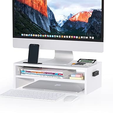 BONTEC Wooden Monitor Stand Riser, 2-Tier Desk Shelf with Storage Organizer, Ergonomic Computer Stand with Cable Management, Cellphone Holder, White, 16.5 Inch - Image 1
