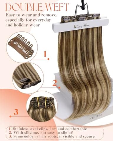 Sunny Hair Clip in Hair Extensions Straight Human Hair Clip in Extensions Remy Clip in Hair Extensions Real Human Hair Extensions Clip ins Full Head Dark Brown Highlights Caramel Blonde 22inch - Image 4