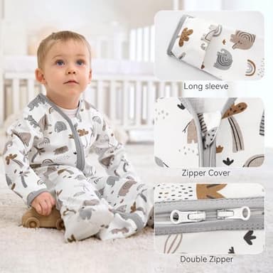 FIEMOL Baby Sleep Sack 6-12 Months, Long Sleeve Baby Wearable Blanket 0.5 Tog with Mittens, 2-Way Zipper Infant Cotton Sleeping Sack for Boy and Girl Grey Elephant 2 Pack (Medium) - Image 2