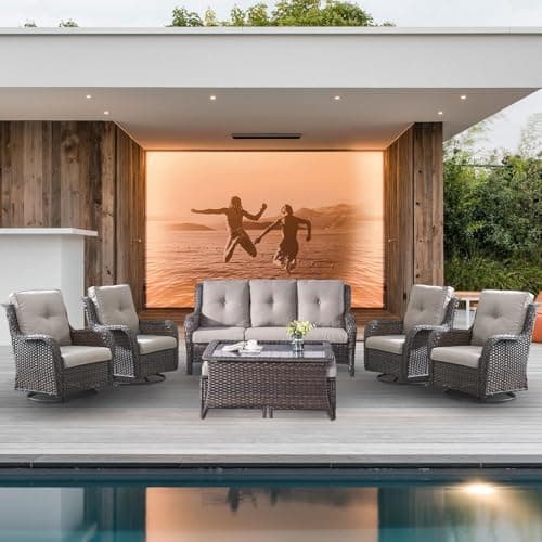 Belord Wicker Patio Furniture Sets - 8 Piece Outdoor Rattan Furniture Conversation Sets with 4 Swivel Rocker Chairs, Rattan Sofa, Wicker Ottomans and Coffee Table, Brown/Grey Cushion