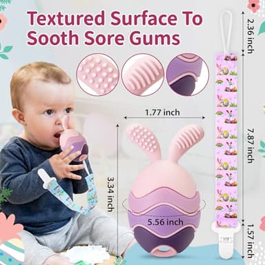 Easter Egg Bunny Baby Teether for Easter Basket Stuffers, Rabbit Egg Rattle Toy Teething for Easter Basket Essentials Infant Boys & Girls First Gifts with 2 Packs Easter Egg Pacifier Clip, 3 Months+ - Image 4