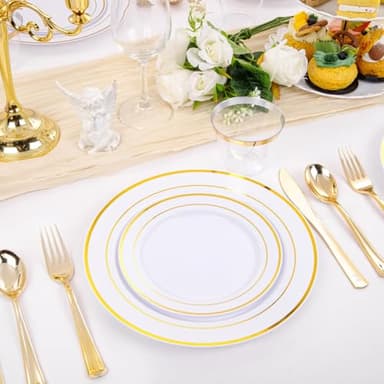 bUCLA 600Pcs Gold Dinnerware Set for 100 Guests - White and Gold Plastic Plates Disposable for party Include 100 Dinner & 100 Dessert Plates,100 Cups,100 Forks,100 Spoons,100 Knives - Image 4