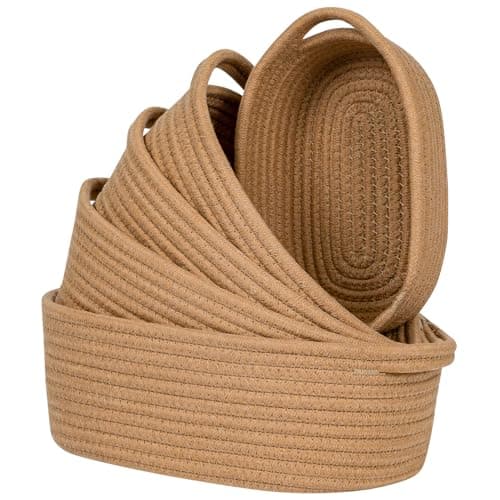 CubesLand Small Cotton Rope Storage Basket Set 5, Shelves Baskets for Organizing with Handle, Decorative Closet Storage Bins for Countertop Toilet Paper Basket for Toilet Tank Top,Brown Basket - Image 1