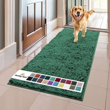 Muddy Mat® AS-SEEN-ON-TV Highly Absorbent Microfiber Dog Door Mat and Pet Rug, Non Slip Thick Washable Area and Bath Mat Soft Chenille for Kitchen Bathroom Bedroom and Indoor-Dark Green Runner 24"X60" - Image 1