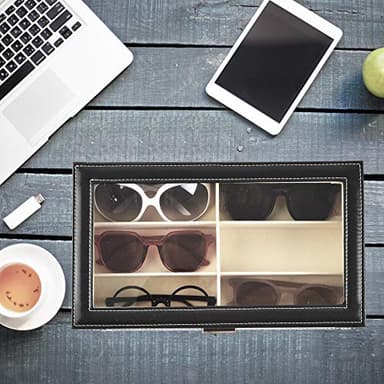 Siveit 12 Grids Sunglass Organizer Leather Eyeglasses Collector Double-Layer Eyewear Display Case Lockable Storage Box, Black - Image 2