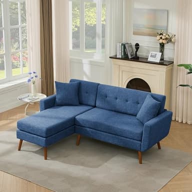 Tbfit L Shaped Couch Sofa, 80" W Mid-Century Modern Sectional Couches, 3 Seater Sofas with Wide Chaise Lounge & Two Pillows,Button Tufted Upholstered Sectional Sofa for Living Room, Bedroom, Blue - Image 1