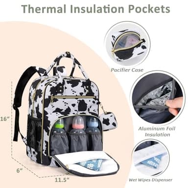 Pritent Diaper Bag Backpack,Baby Essentials Diapers Bag with Pacifier Case,Multipurpose Stylish Large Capacity Travel Backpack for Baby Girl/Boy(L-Cow Print) - Image 5